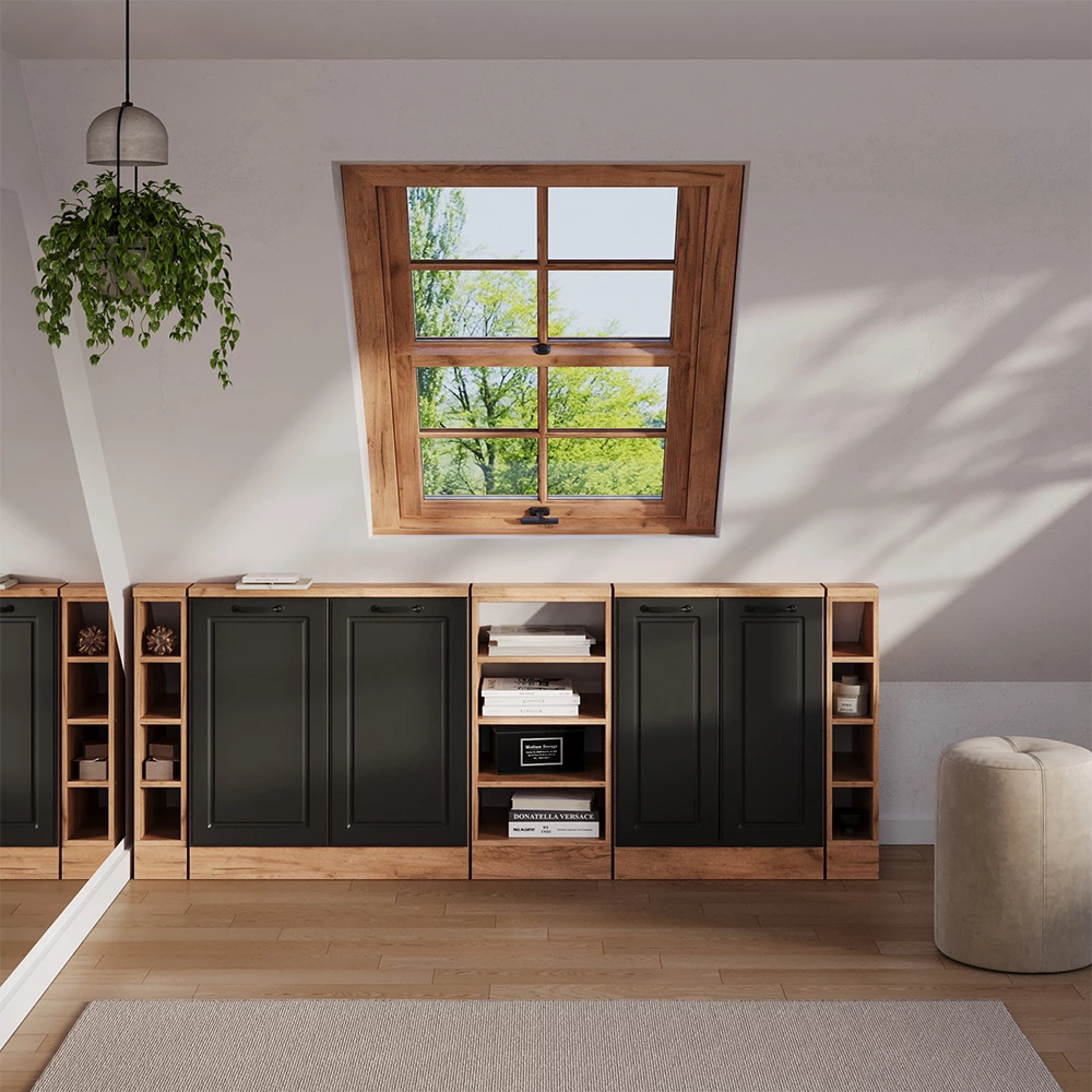 Schuin dak kast in Antraciet Landhuis/Goud Kraft Eik, getoond in een sfeervolle omgeving met decoratie