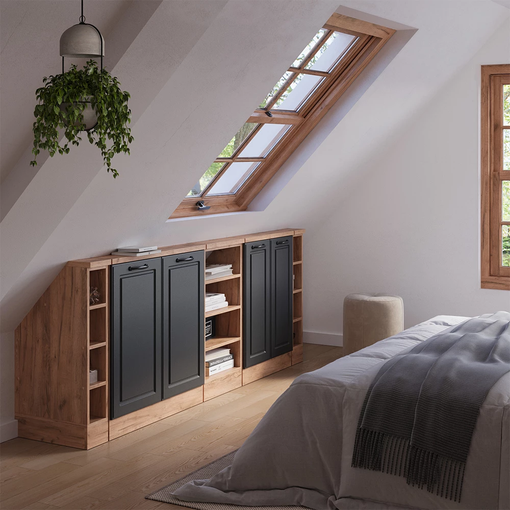 Dachschrägenschrank in Anthrazit Landhaus/Goldkraft Eiche auf weißem Hintergrund