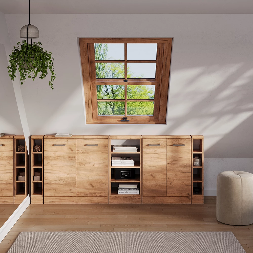 Dachschrägenschrank in Goldkraft Eiche auf weißem Hintergrund