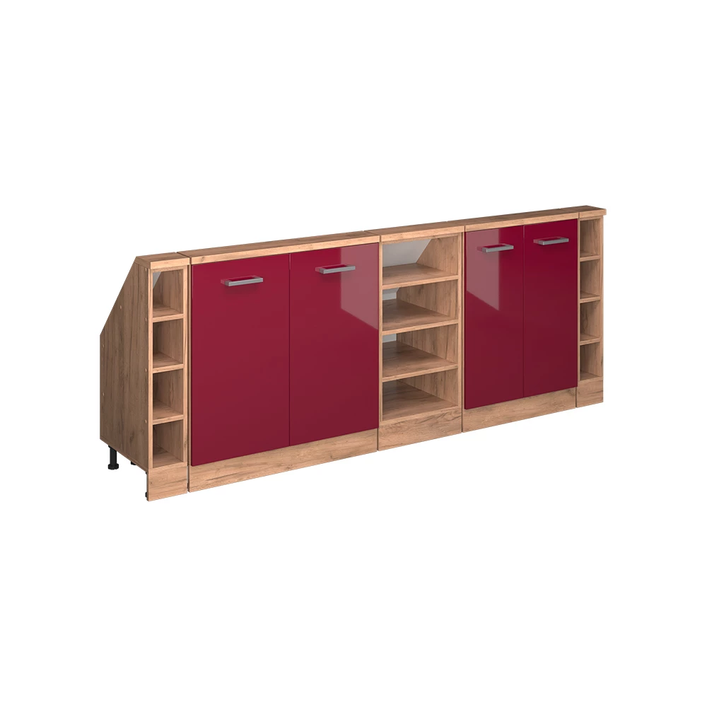 Dachschrägenschrank in Bordeaux Hochglanz/Goldkraft Eiche auf weißem Hintergrund