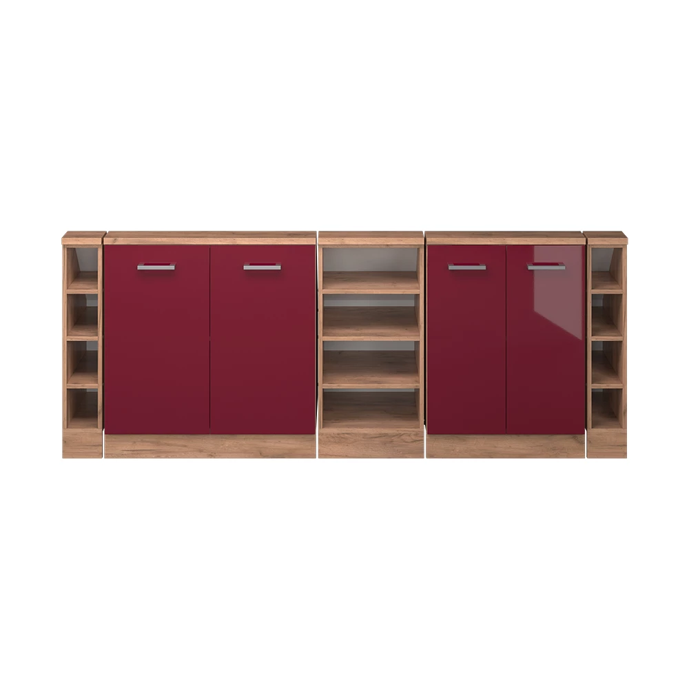 Dachschrägenschrank in Bordeaux Hochglanz/Goldkraft Eiche auf weißem Hintergrund
