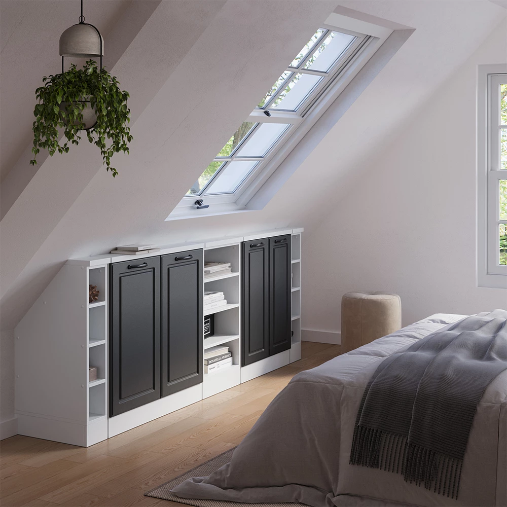 Skříň pod šikmou střechu v barvě Antracitový venkovský dům/bílá na bílém pozadí