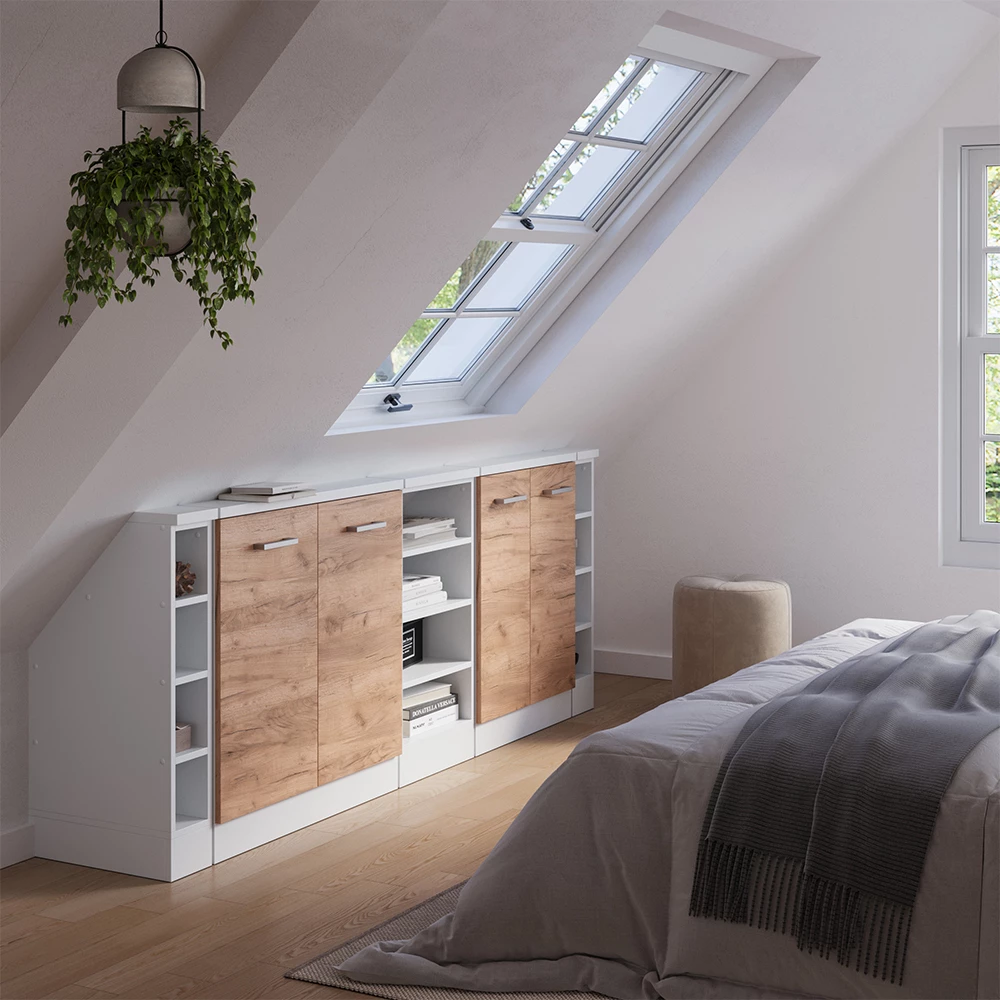 Skříň pod šikmou střechu v barvě Zlatá síla dub/bílá na bílém pozadí