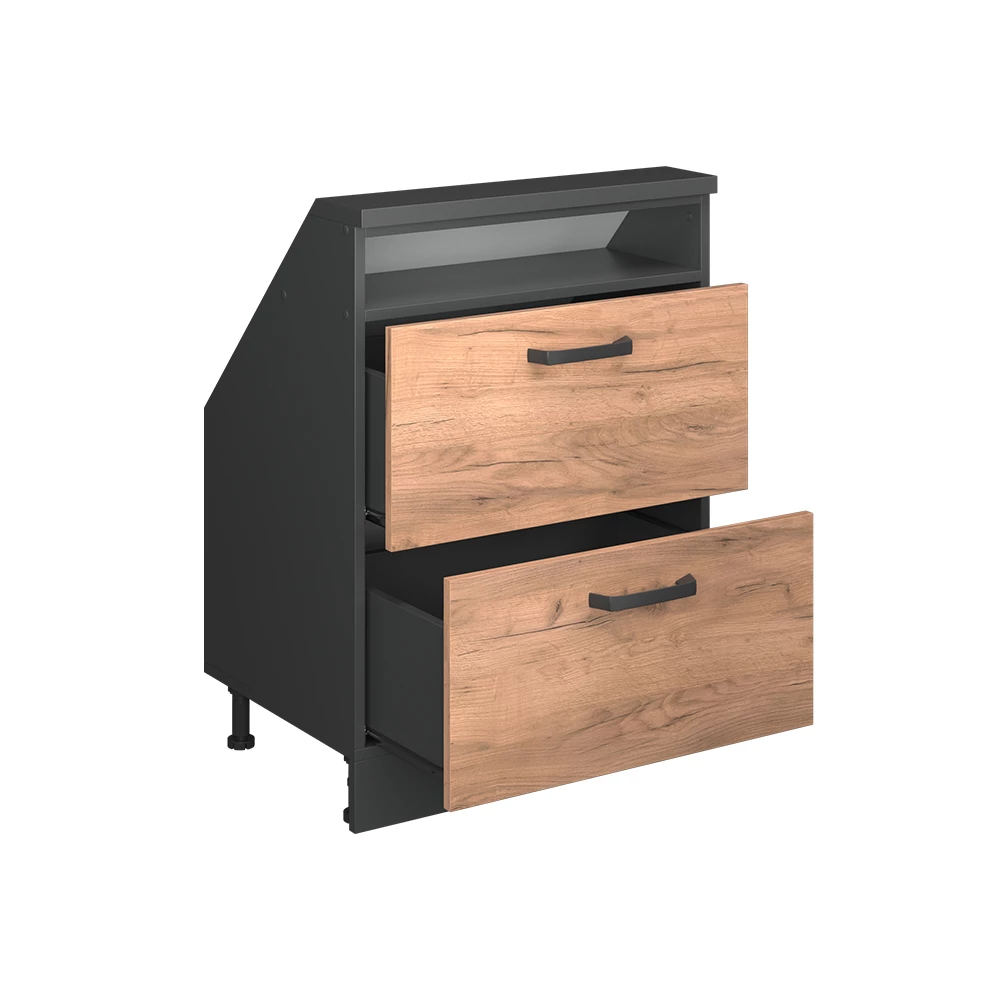 Gros plan de Meuble de rangement sous pente en Chêne doré/anthracite, montrant la texture/les détails