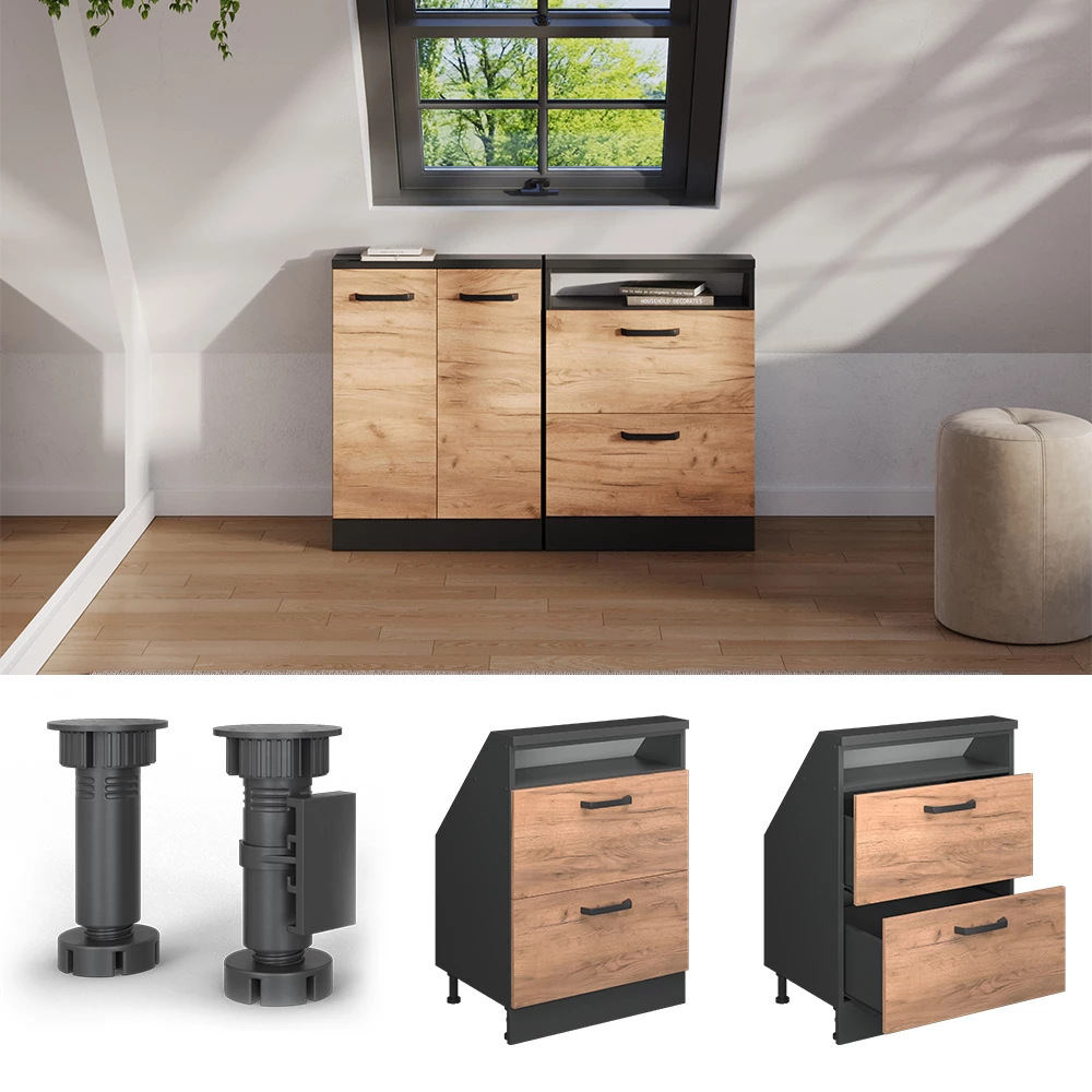 Dachschrägenschrank in Goldkraft Eiche/Anthrazit auf weißem Hintergrund