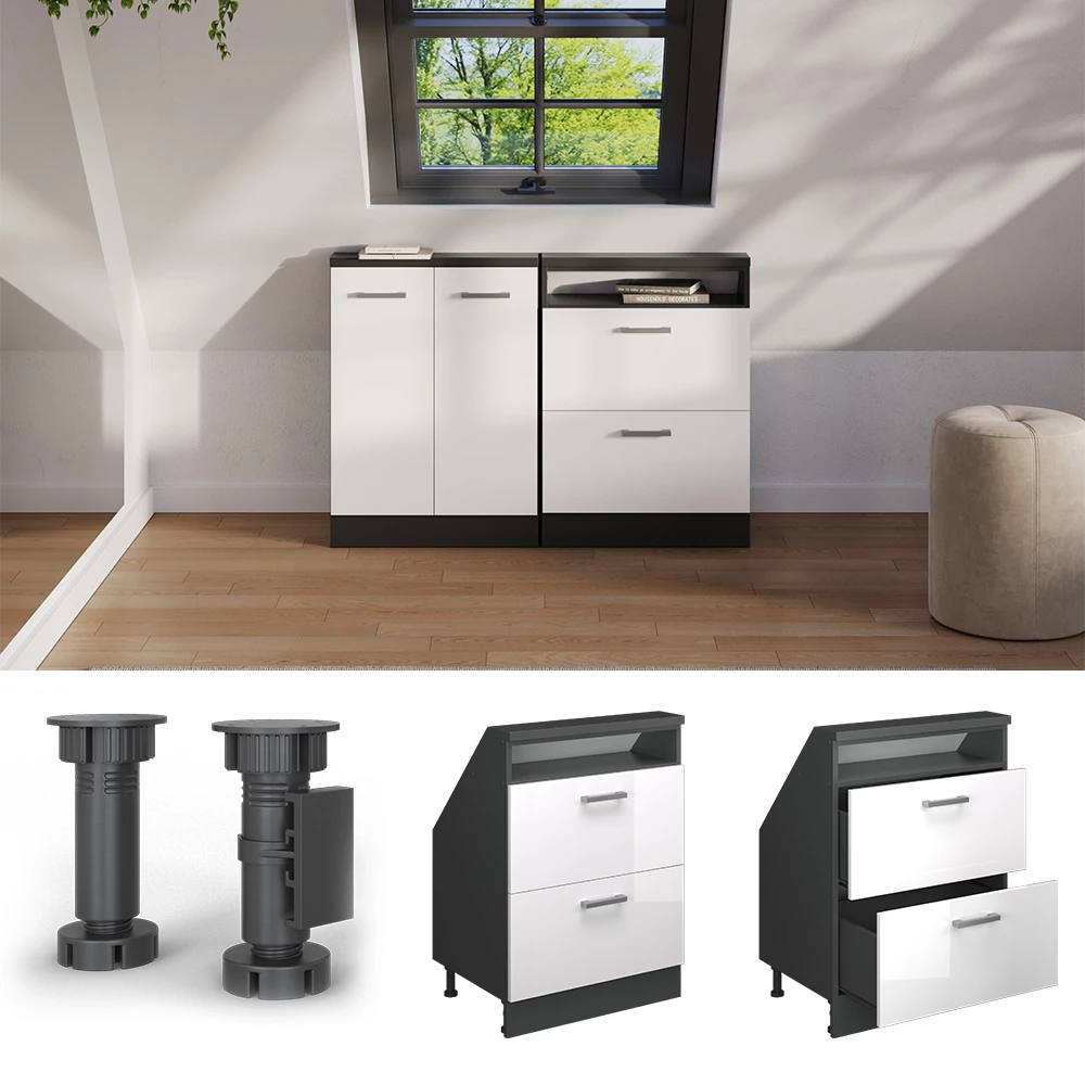 Dachschrägenschrank in Weiß Hochglanz/Anthrazit auf weißem Hintergrund