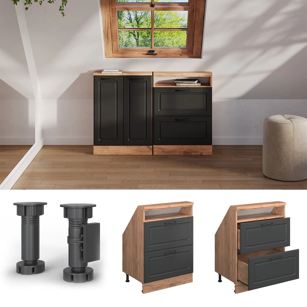 Gros plan de Meuble de rangement sous pente en Anthracite Campagne/Chêne doré, montrant le design et les détails de surface