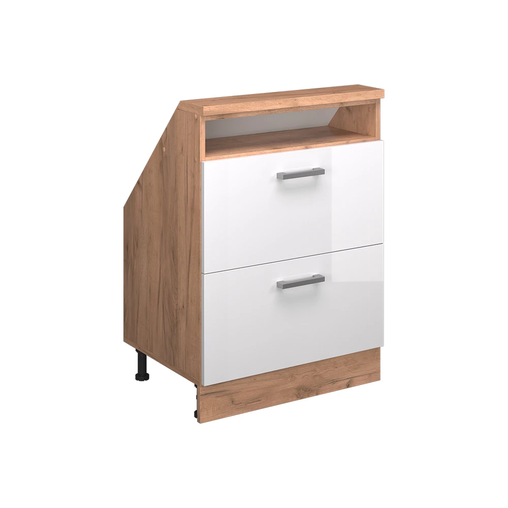 Dachschrägenschrank in Weiß Hochglanz/Goldkraft Eiche auf weißem Hintergrund