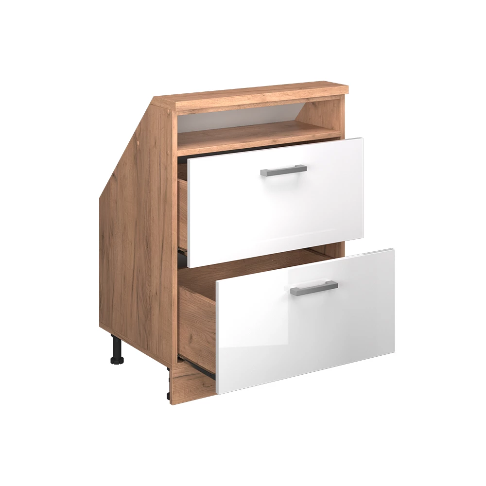 Dachschrägenschrank in Weiß Hochglanz/Goldkraft Eiche auf weißem Hintergrund