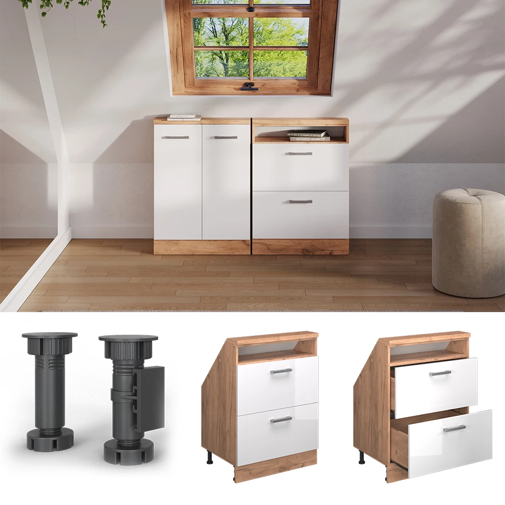 Armadio per tetto spiovente in Bianco lucido/oro power oak su sfondo bianco