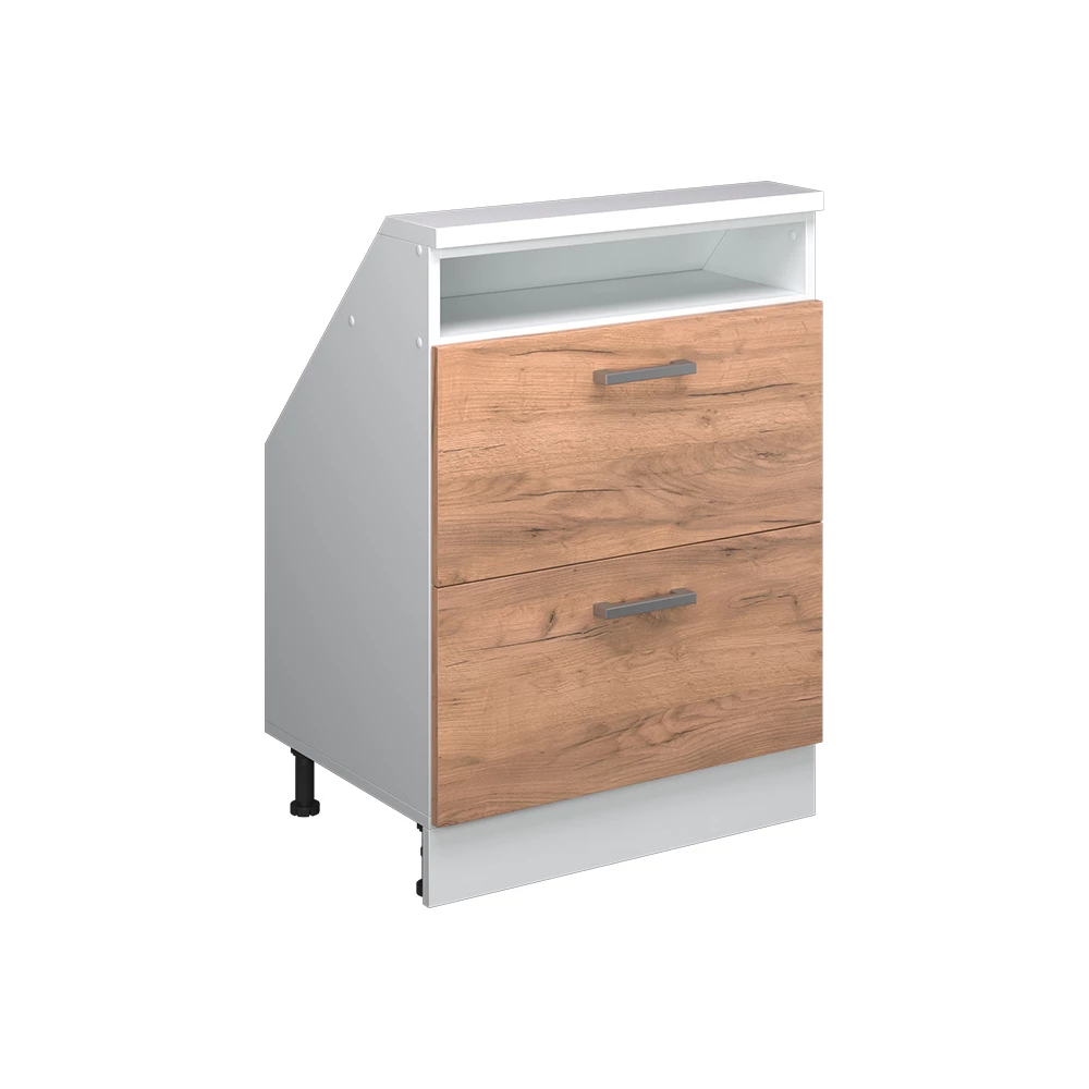 Dachschrägenschrank in Goldkraft Eiche/Weiß auf weißem Hintergrund