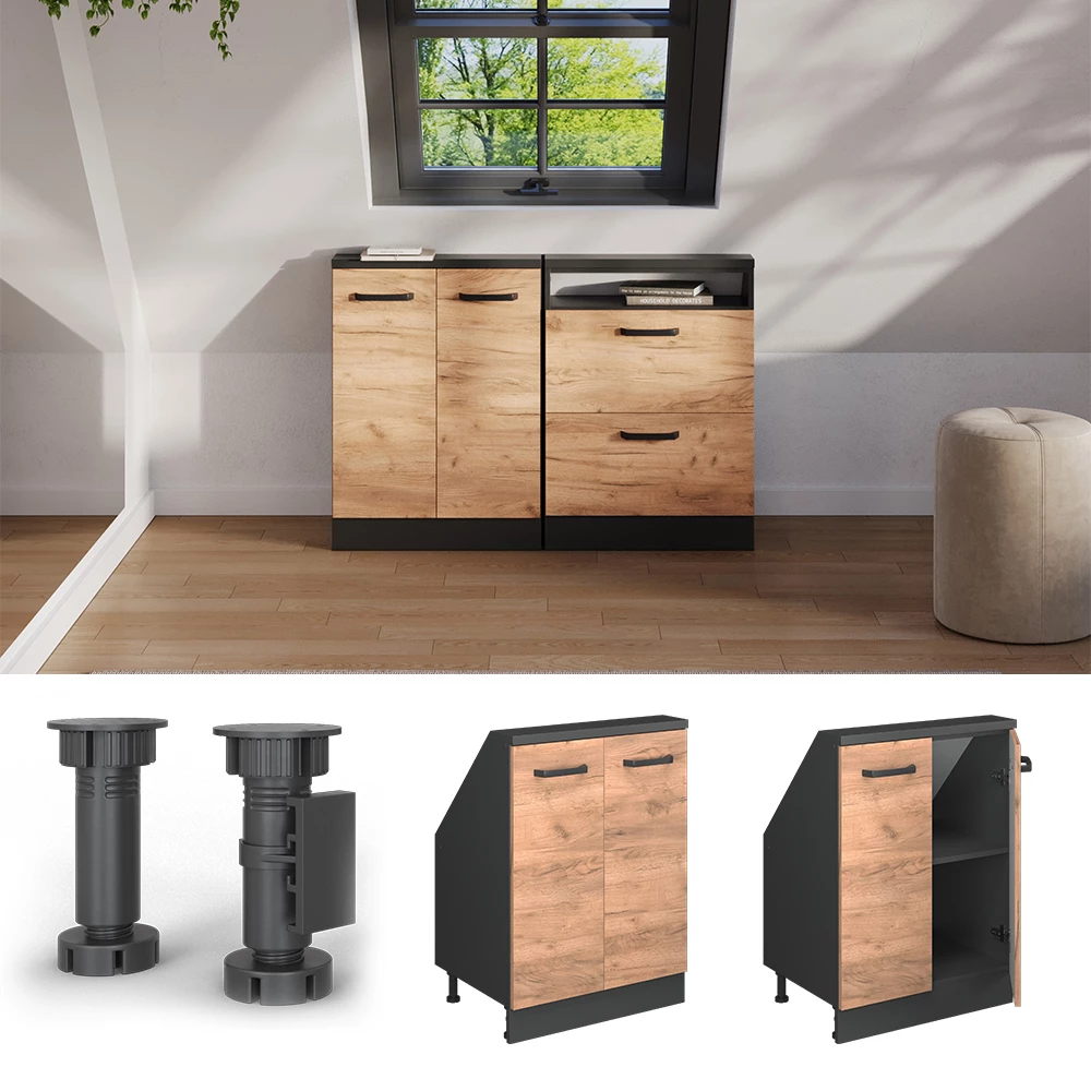 Armadio per tetti spioventi in Quercia dorata/antracite su sfondo bianco