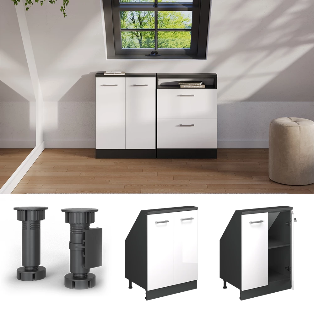 Ferde tetőszekrény Fehér magasfényű/antracit színben fehér háttéren