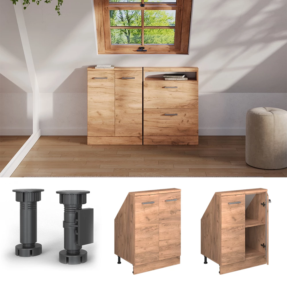 Dachschrägenschrank in Goldkraft Eiche auf weißem Hintergrund