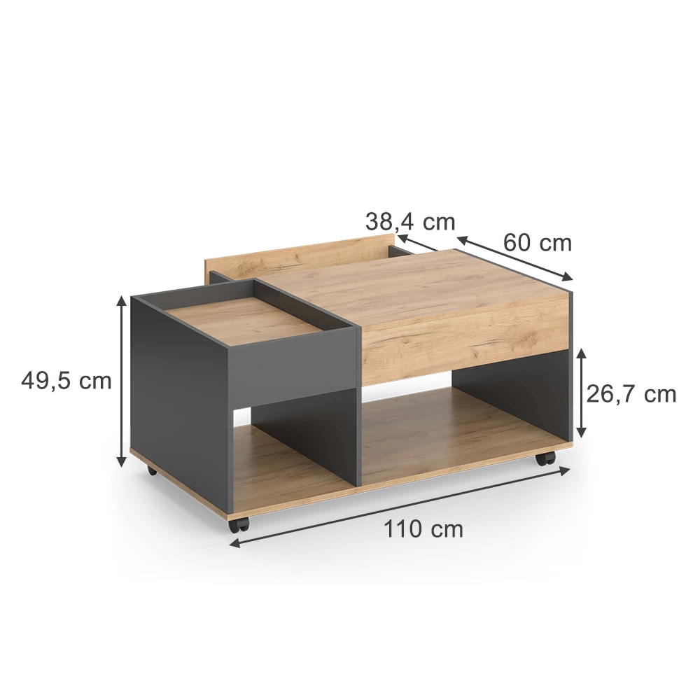 Couchtisch in Goldkraft Eiche/Anthrazit auf weißem Hintergrund mit sichtbaren Maßen