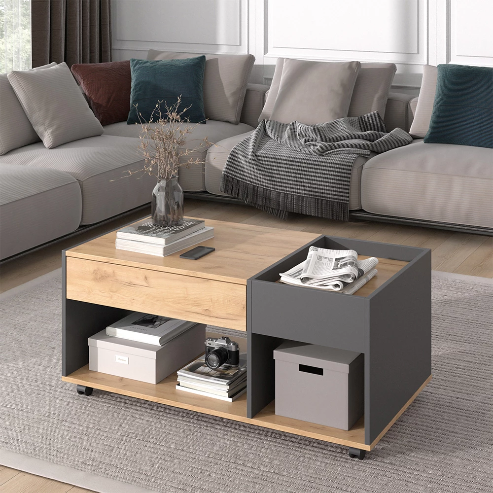 Couchtisch in Goldkraft Eiche/Anthrazit, dargestellt im Ambiente mit Dekoration