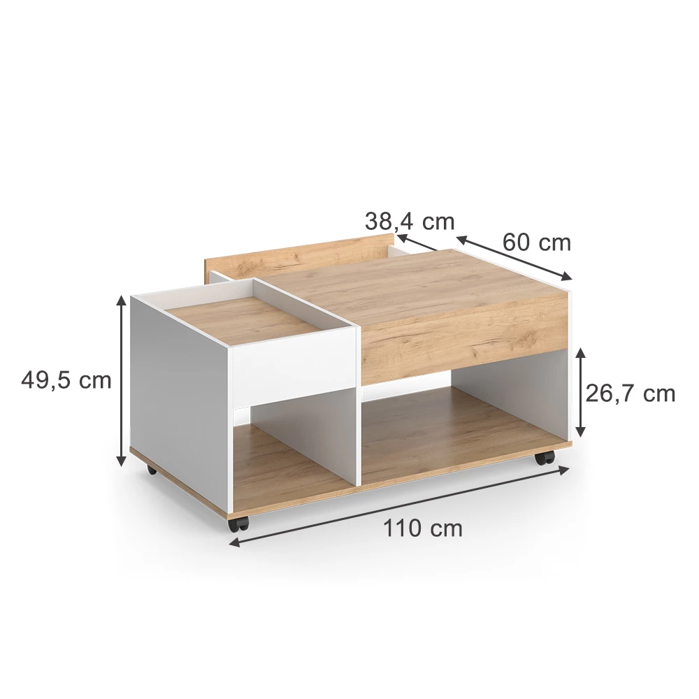 Couchtisch in Goldkraft Eiche/Weiß auf weißem Hintergrund mit sichtbaren Maßen