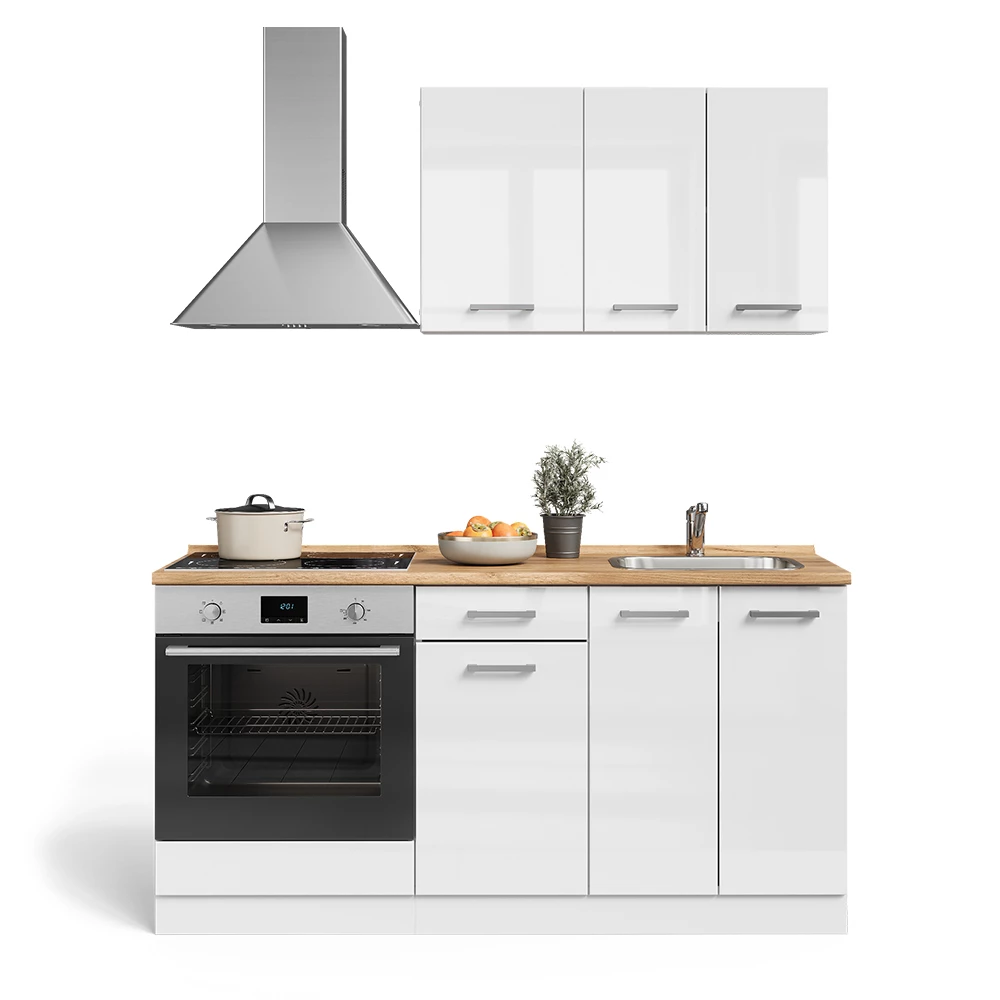 Eenpersoonskeuken in Wit hoogglans/wit on white background with decorative elements