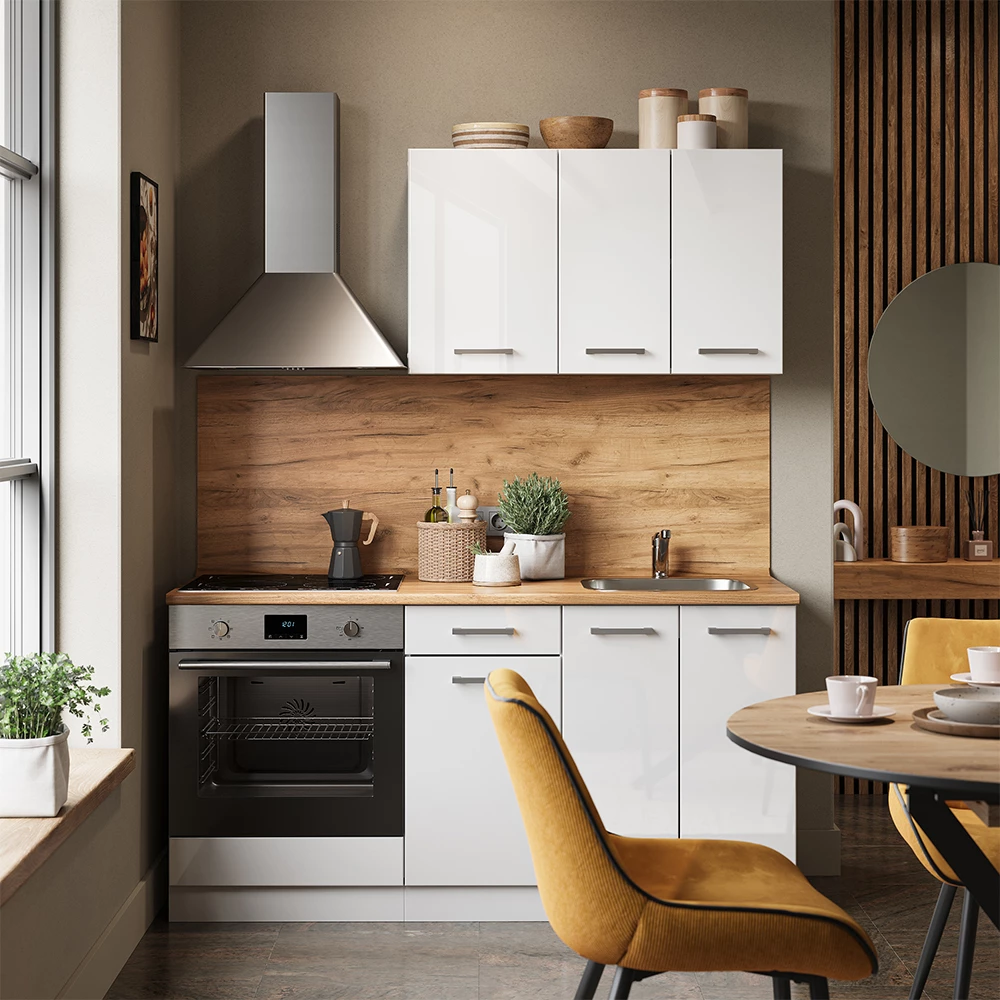 Egyszemélyes konyha Fehér magasfényű/fehér színben fehér háttéren