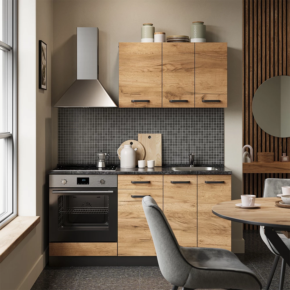 Cocina para solteros en Oro power roble/antracita sobre fondo blanco