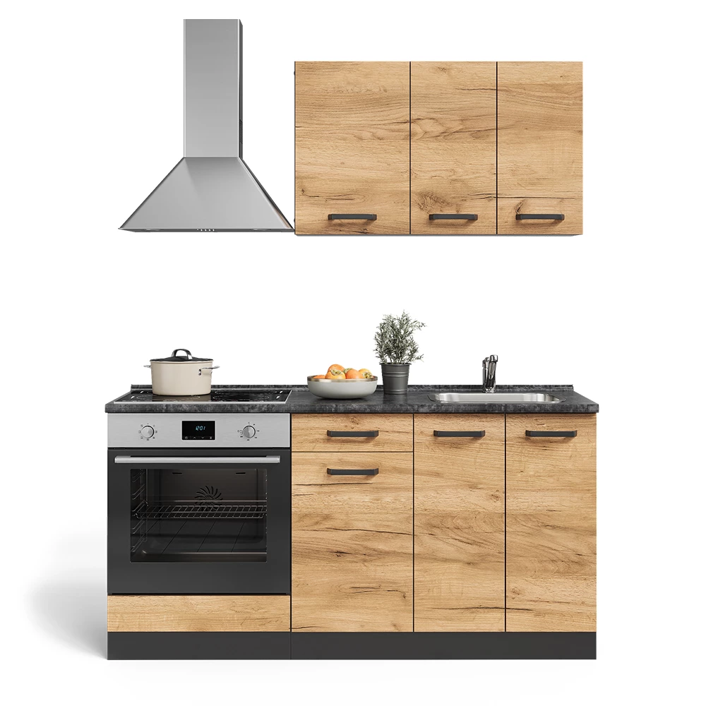 Eenpersoonskeuken in Eik goud/antraciet on white background with decorative elements