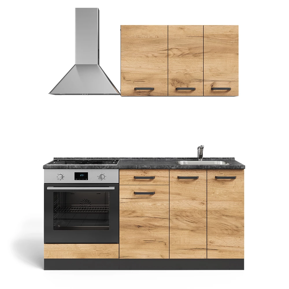 Cocina para solteros en Oro power roble/antracita sobre fondo blanco