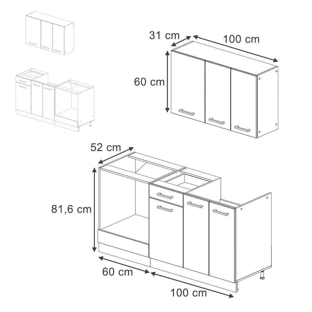 Eenpersoonskeuken in Eik goud/antraciet on white background with visible dimensions
