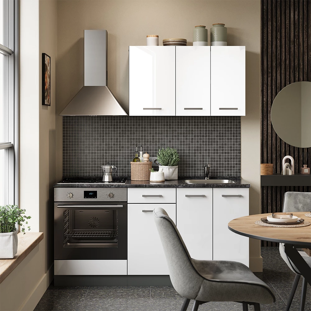Singleküche in Weiß Hochglanz/Anthrazit auf weißem Hintergrund