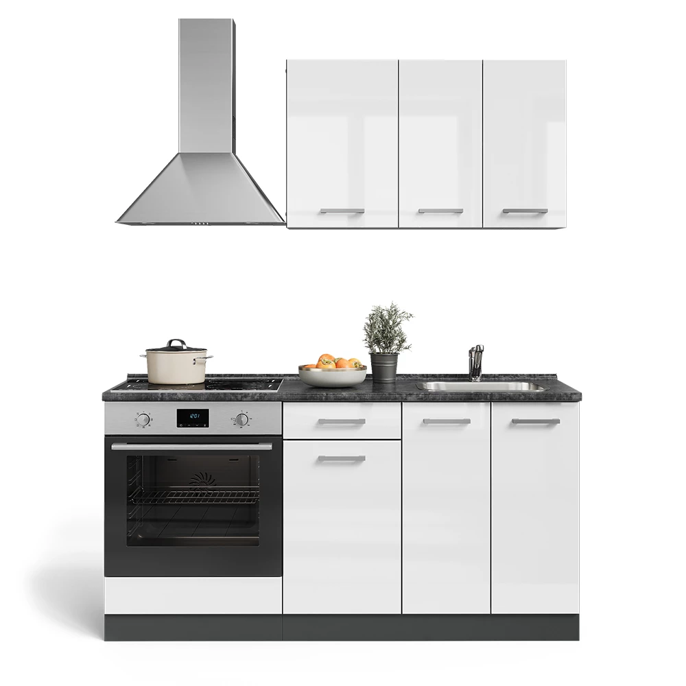 Eenpersoonskeuken in Wit hoogglans/antraciet on white background with decorative elements