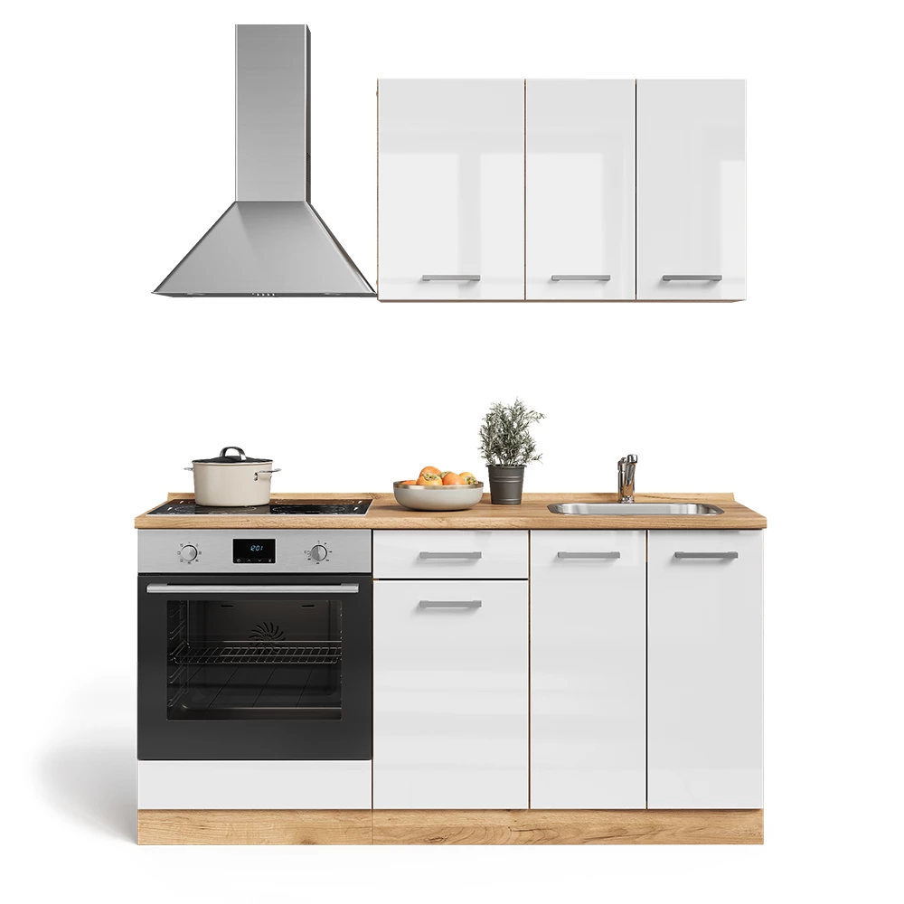 Eenpersoonskeuken in Wit hoogglans/goud power eiken on white background with decorative elements