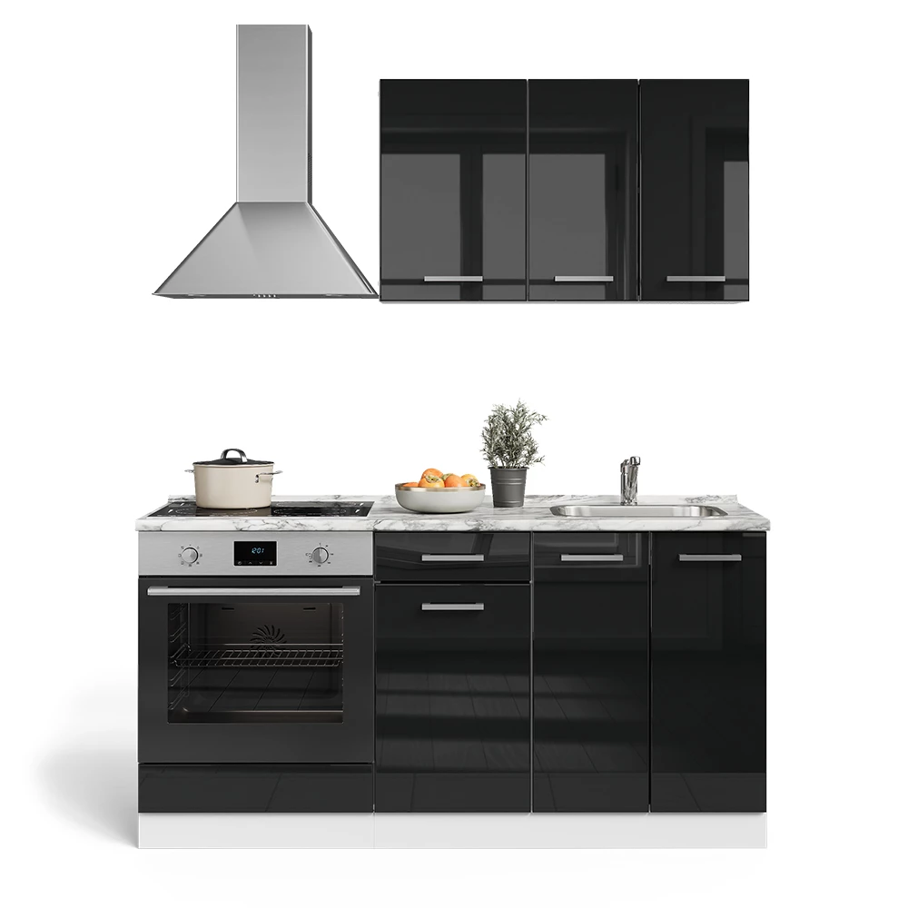Eenpersoonskeuken in Zwart hoogglans/wit on white background with decorative elements