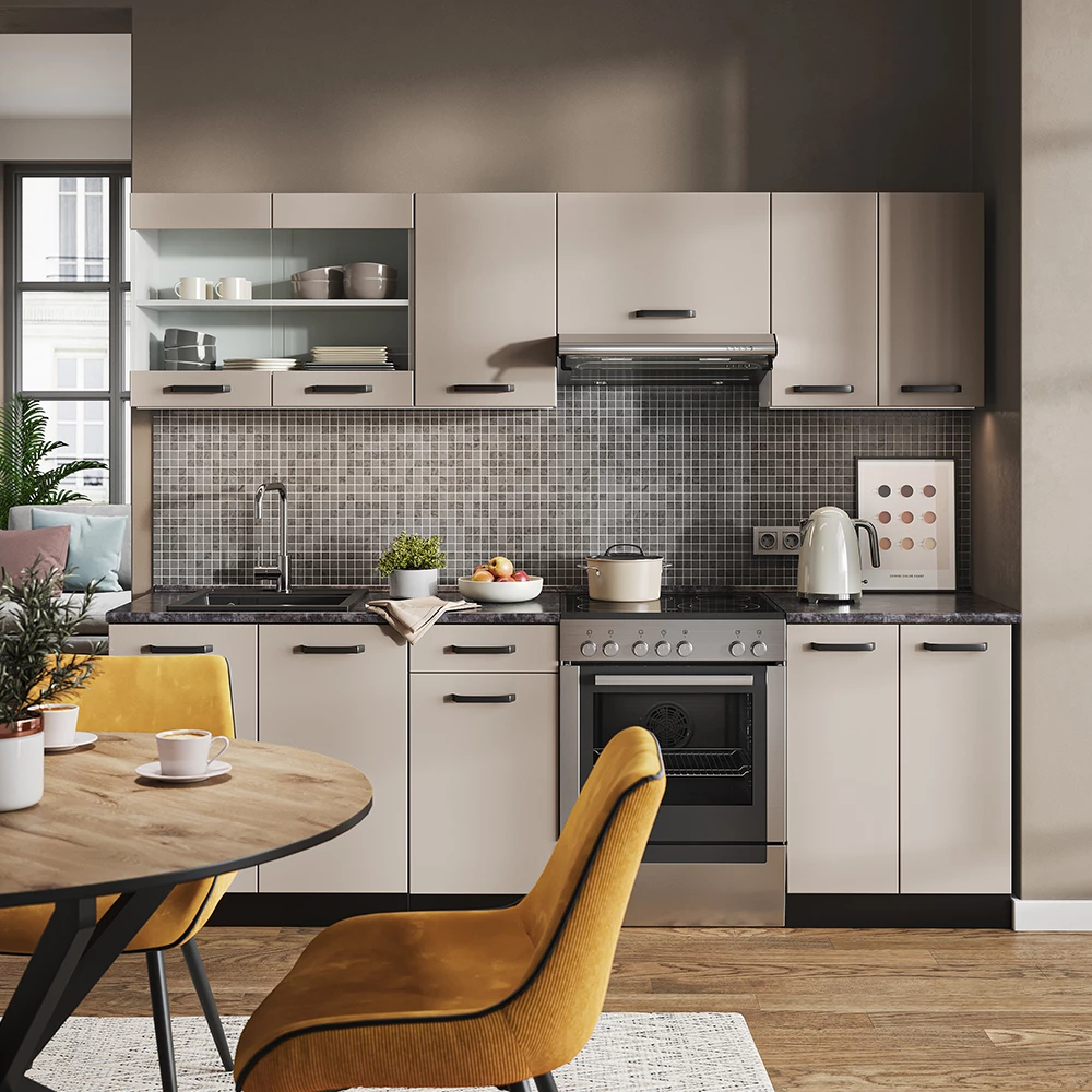 Keukenblok in Kasjmier/antraciet op een witte achtergrond