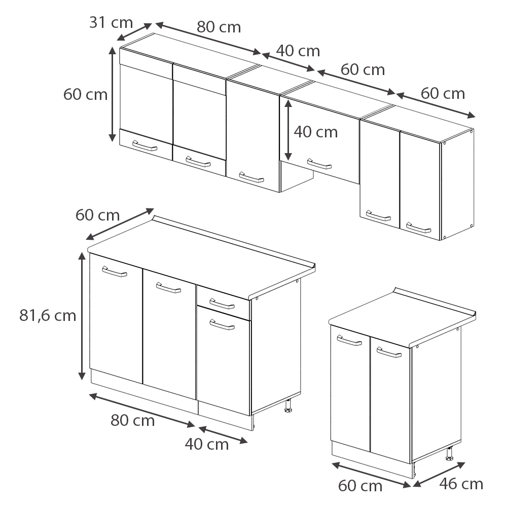 Keukenblok in Kasjmier on white background with visible dimensions