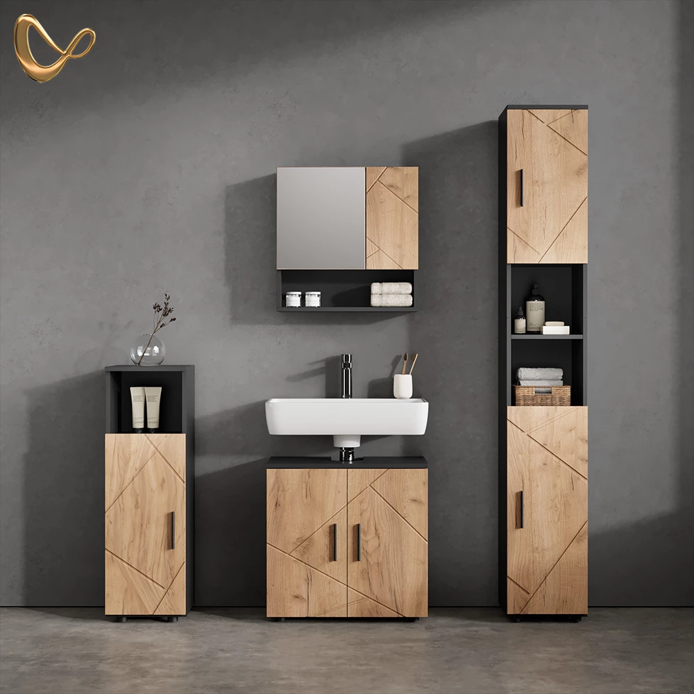 Badmöbel-Set in Goldkraft Eiche/Anthrazit, dargestellt im Ambiente und auf weißem Hintergrund