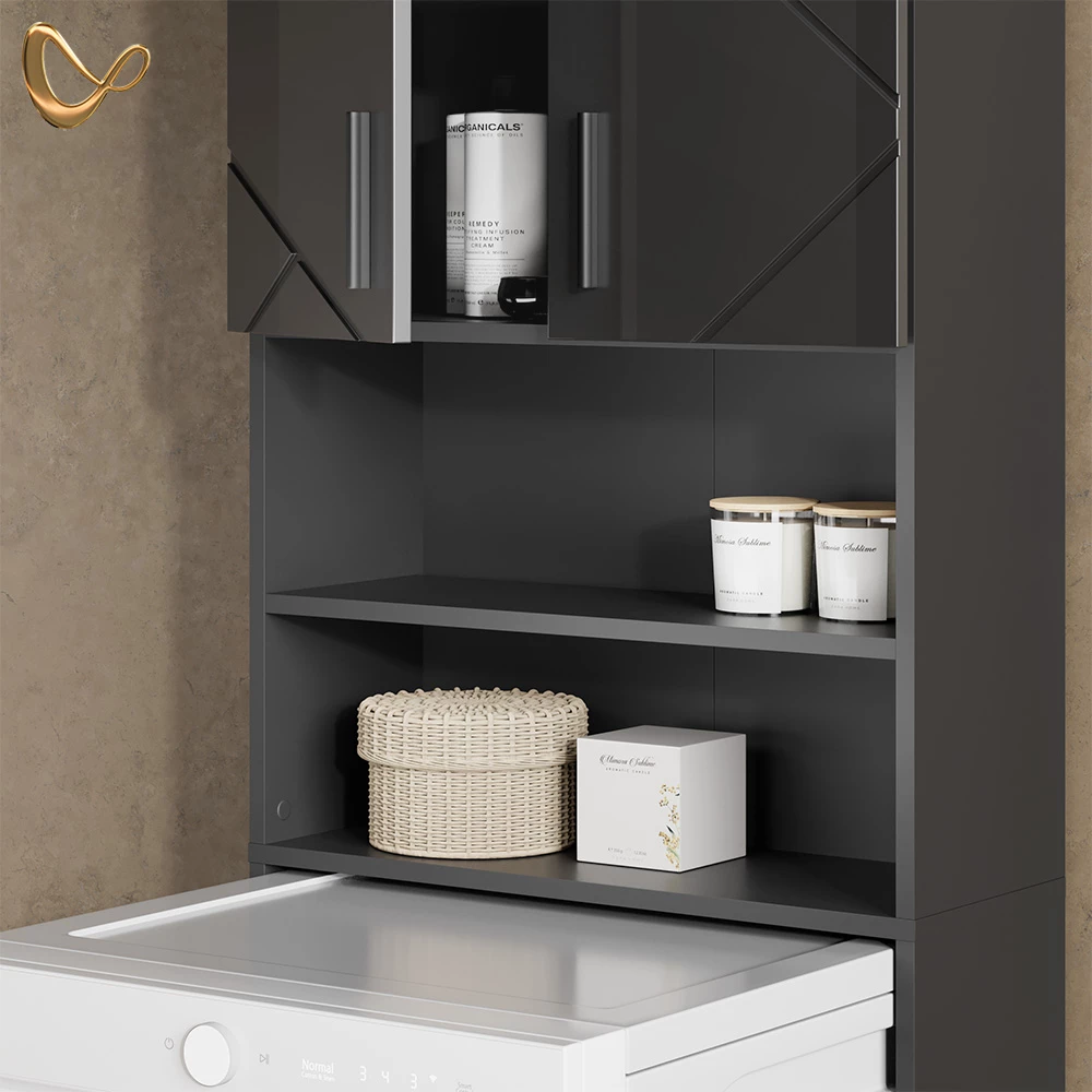 Nahaufnahme von Waschmaschinenschrank in Anthrazit Hochglanz, zeigt Design- und Oberflächendetails