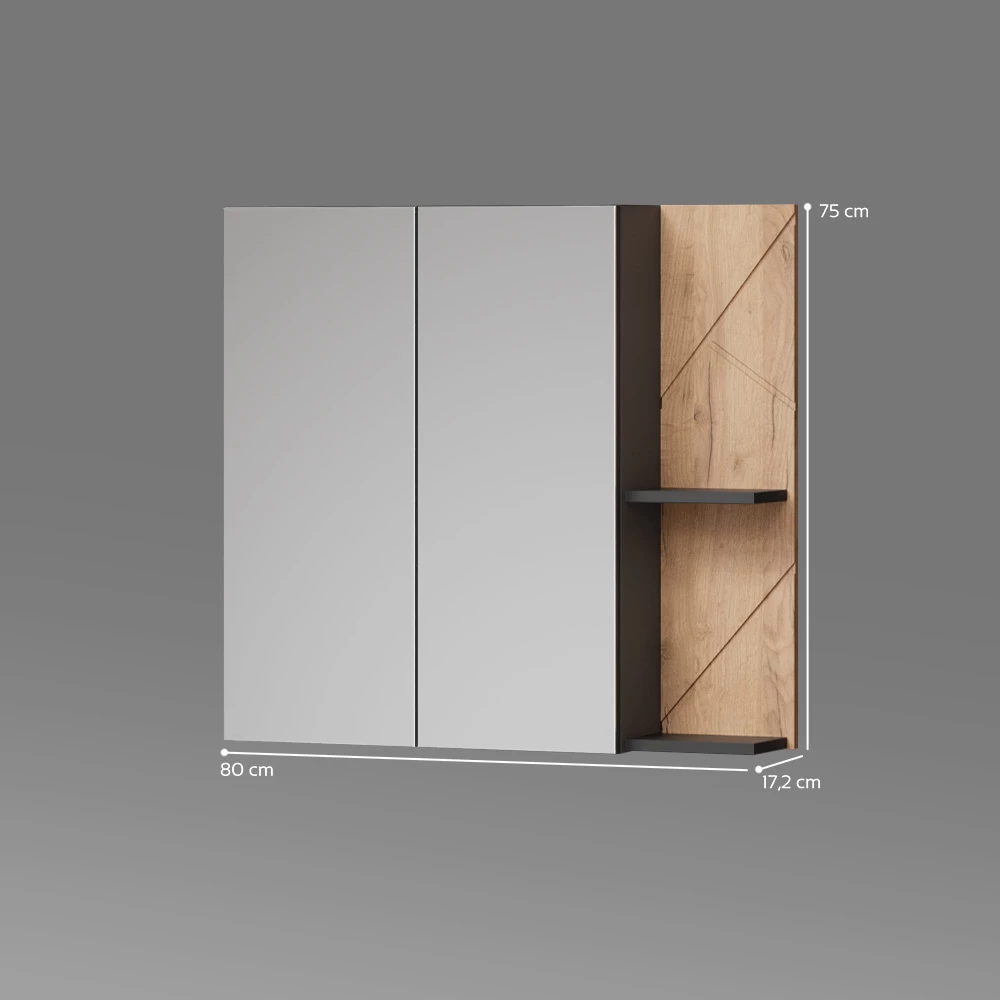 Spiegelschrank in Anthrazit/Goldkraft Eiche auf weißem Hintergrund mit sichtbaren Maßen