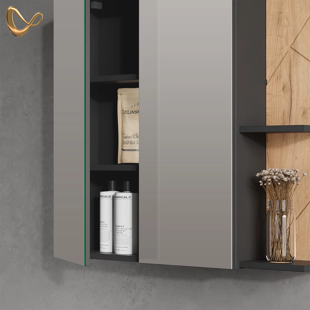 Nahaufnahme von Spiegelschrank in Anthrazit/Goldkraft Eiche, zeigt Design- und Oberflächendetails