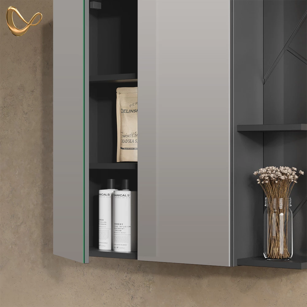 Nahaufnahme von Spiegelschrank in Anthrazit Hochglanz/Anthrazit, zeigt Design- und Oberflächendetails