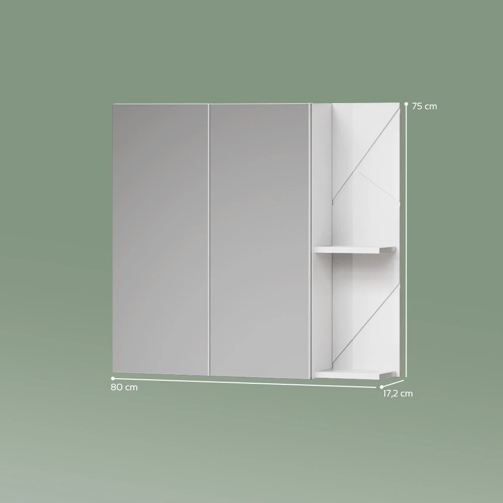 Spiegelschrank in Weiß/Weiß Hochglanz auf weißem Hintergrund mit sichtbaren Maßen