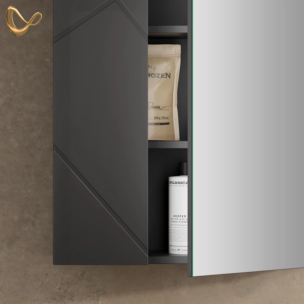 Nahaufnahme von Spiegelschrank in Anthrazit Hochglanz/Anthrazit, zeigt Design- und Oberflächendetails