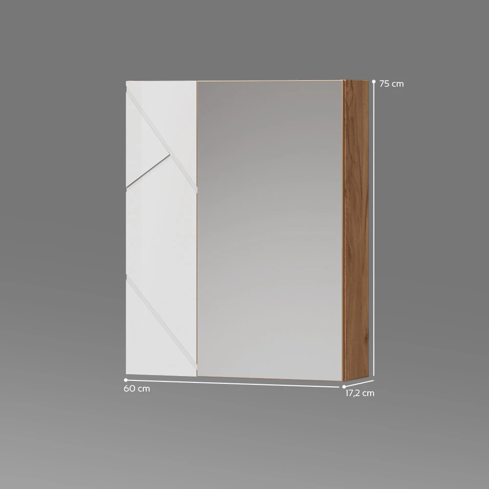 Spiegelschrank in Weiß/Eiche auf weißem Hintergrund mit sichtbaren Maßen