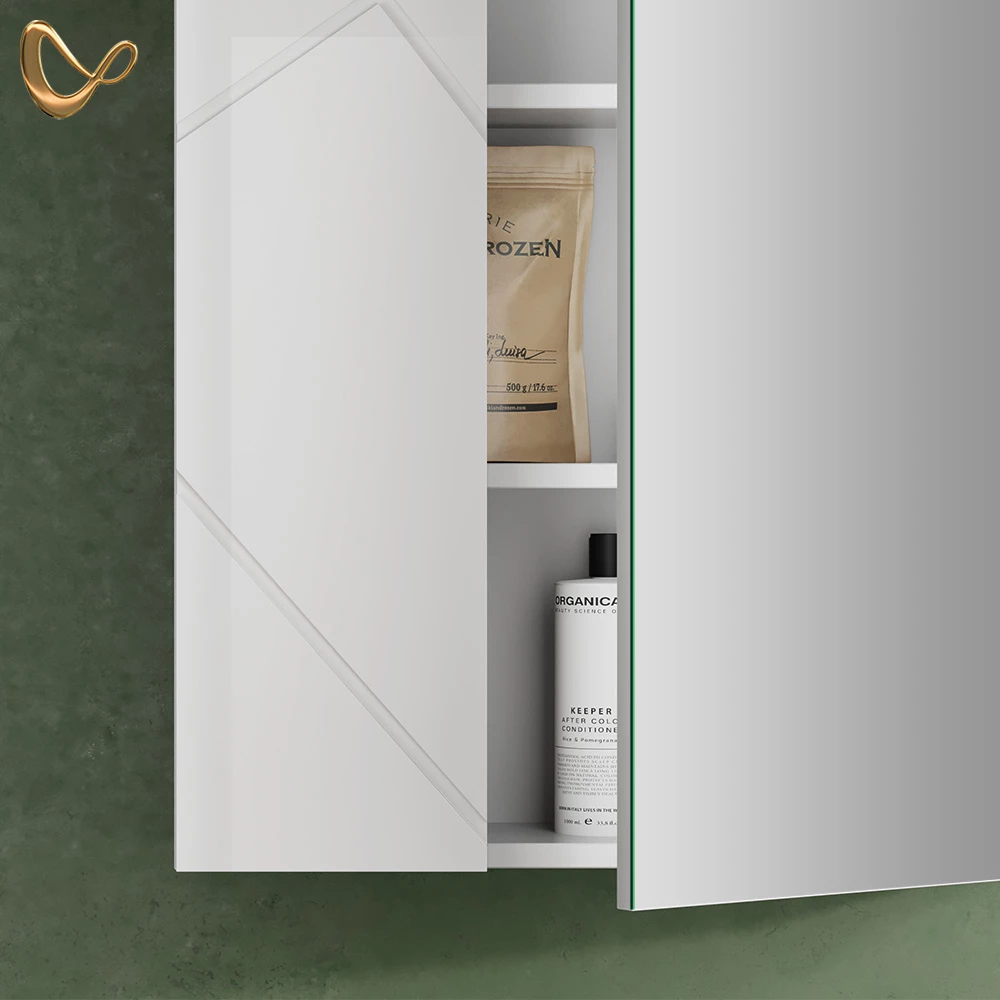 Nahaufnahme von Spiegelschrank in Anthrazit Hochglanz/Anthrazit, zeigt Design- und Oberflächendetails