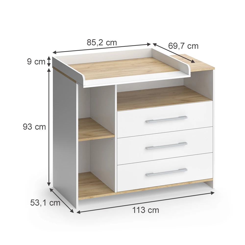 Luiertafel in Eik wit/goud op een witte achtergrond met zichtbare afmetingen