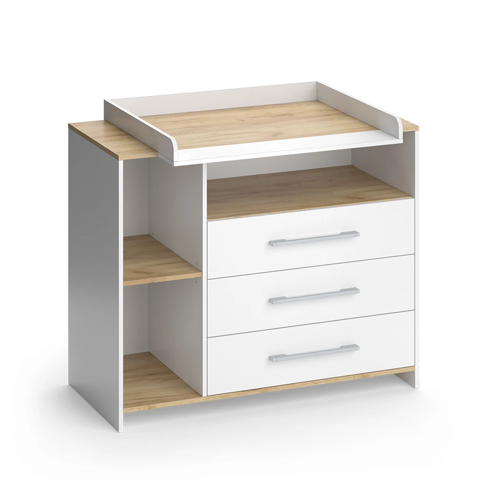 Luiertafel in Eik wit/goud op een witte achtergrond