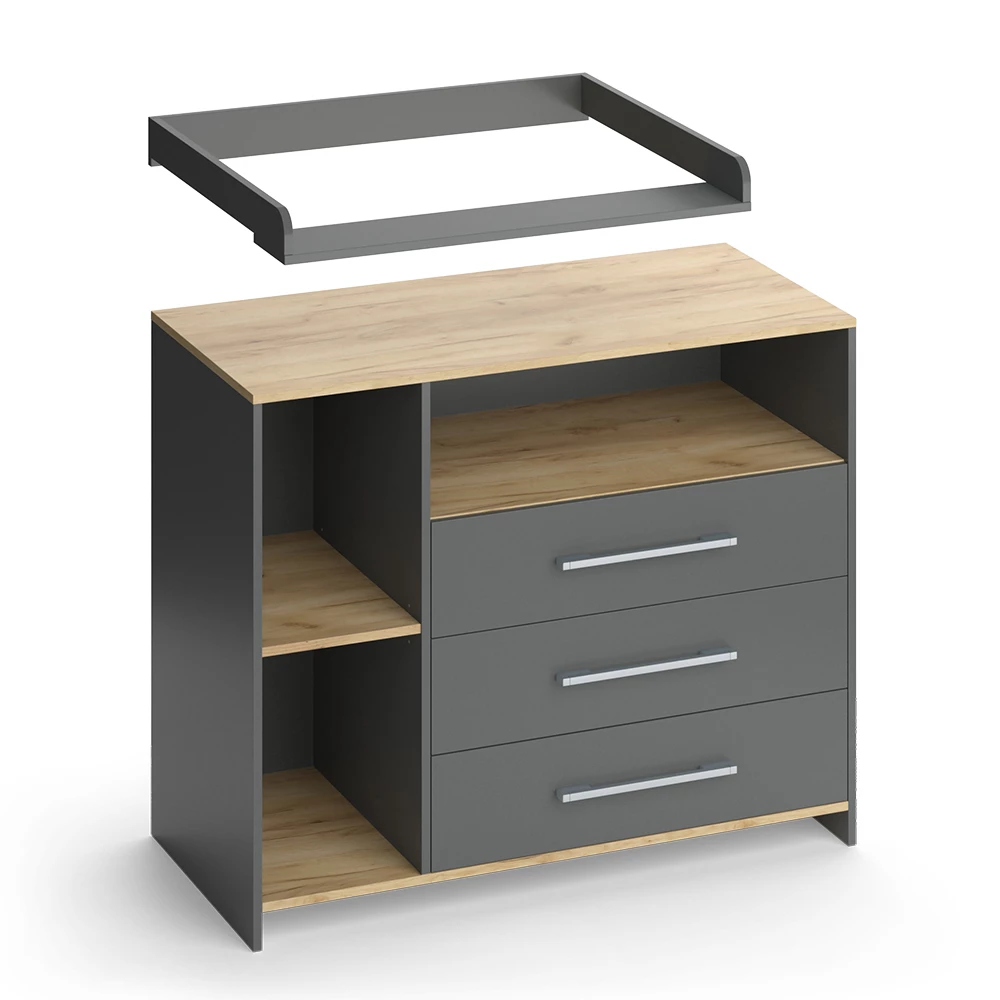 Gros plan de Commode à langer en Anthracite/chêne doré, montrant le design et les détails de surface