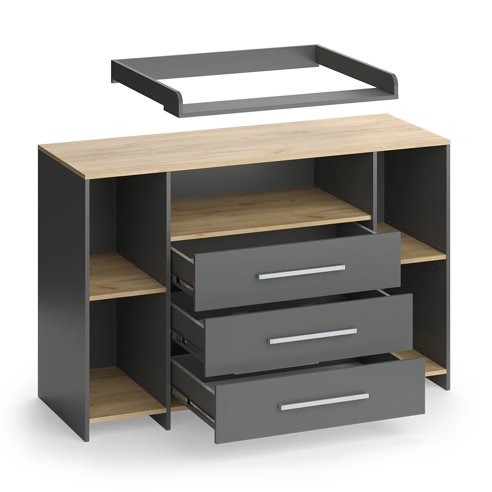 Nahaufnahme von Wickelkommode in Anthrazit/Goldkraft Eiche, zeigt Design- und Oberflächendetails