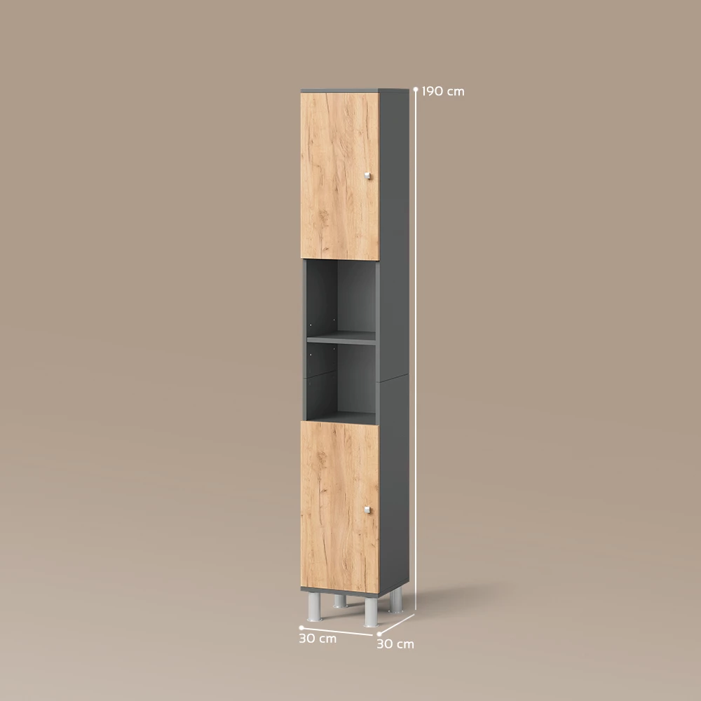 Badschrank in Anthrazit/Goldkraft Eiche auf weißem Hintergrund mit sichtbaren Maßen