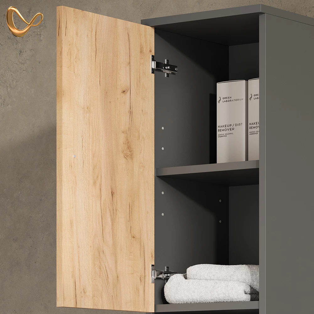 Nahaufnahme von Badschrank in Anthrazit/Goldkraft Eiche, zeigt Design- und Oberflächendetails