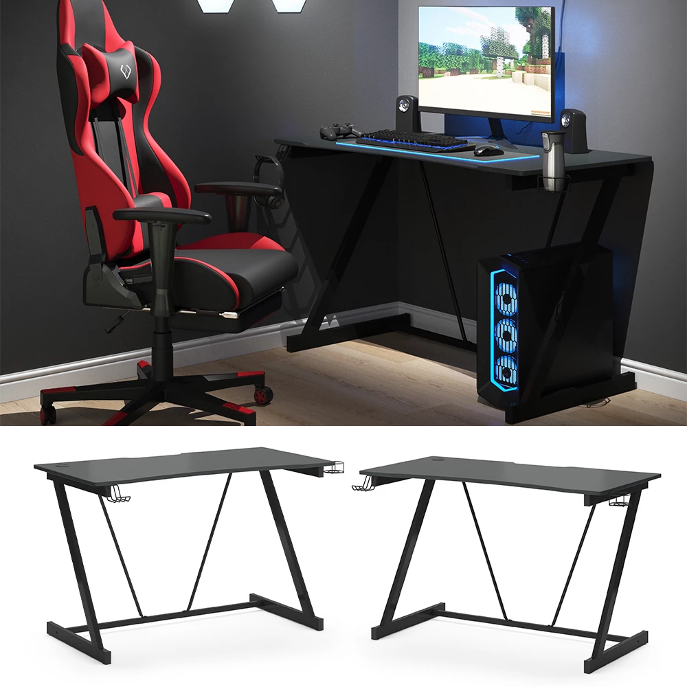 Gamingtisch in Anthrazit, dargestellt im Ambiente und auf weißem Hintergrund
