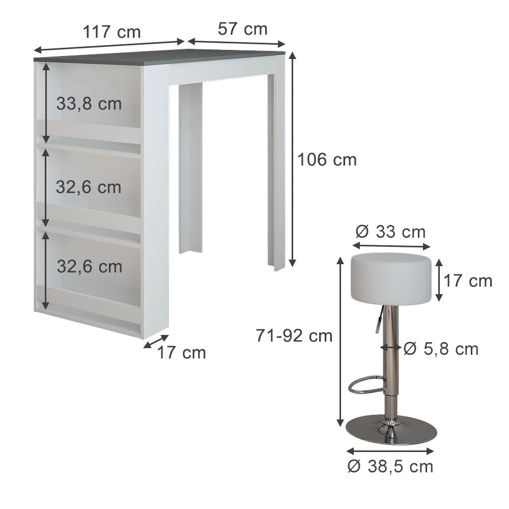 Bartisch-Set in Weiß/Anthrazit auf weißem Hintergrund